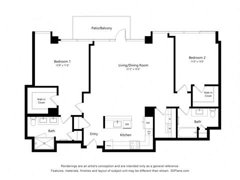 Floor plan for 2 beds, 2 baths, 1344 sqft